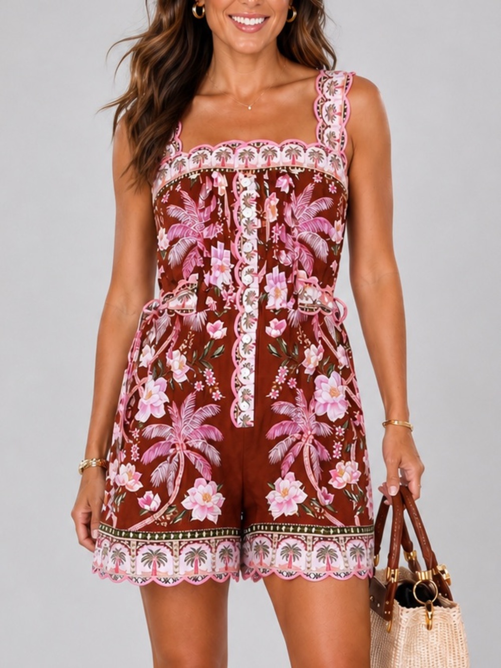 🆕🌿🌸FARMRio Palm Dream Brown Linen Romper M Tropical Floral Scalloped Trim Resort